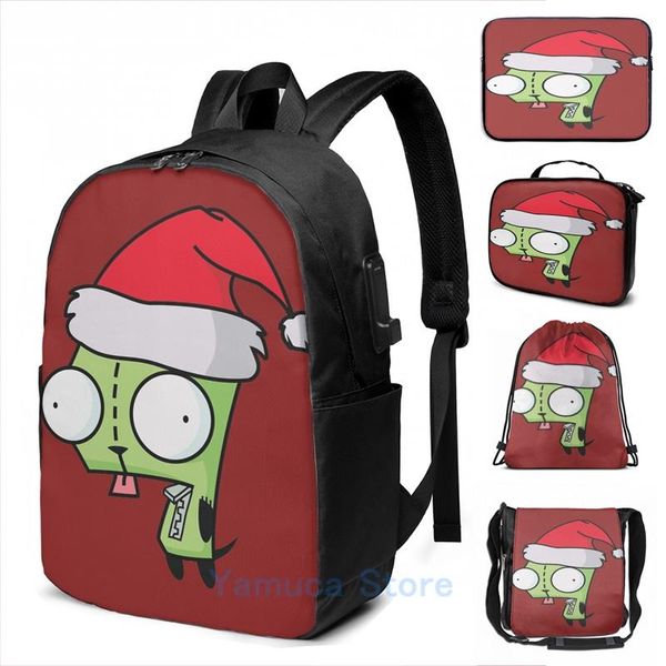 

backpack funny graphic print invader zim santa gir [red] usb charge men school bags women bag travel laptop