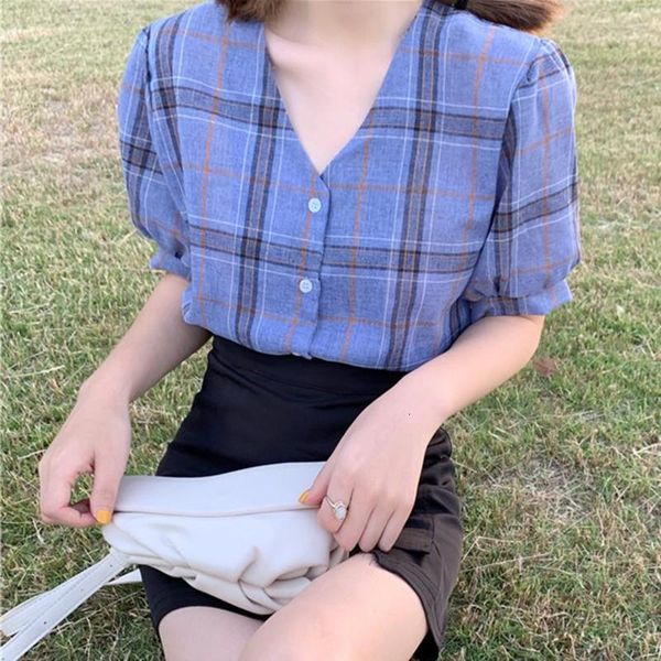 

women blouse v neck button up plaid print blouse short sleeve shirt preppy style summer womens fresh style, White