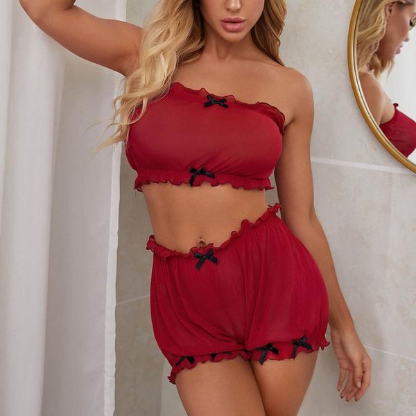

bras 40# tube bow lingerie set women exotic soild color two piece off shoulder sleepwear suit camisole underwear, Red;black