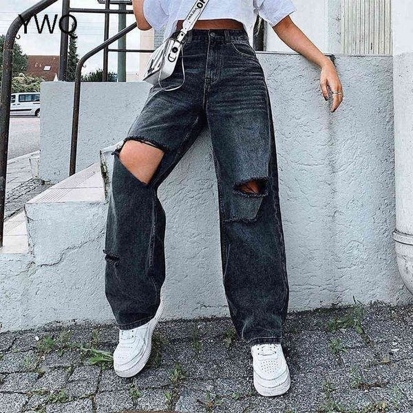 

ripped women jeans wide leg long cargo pants ladies black boyfriend high waist vintage korean lady trousers baggy 211129, Blue
