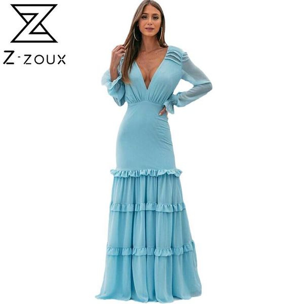 

casual dresses z-zoux women dress temperament chiffon party deep v neck backless maxi ruffles high waist plus size summer, Black;gray