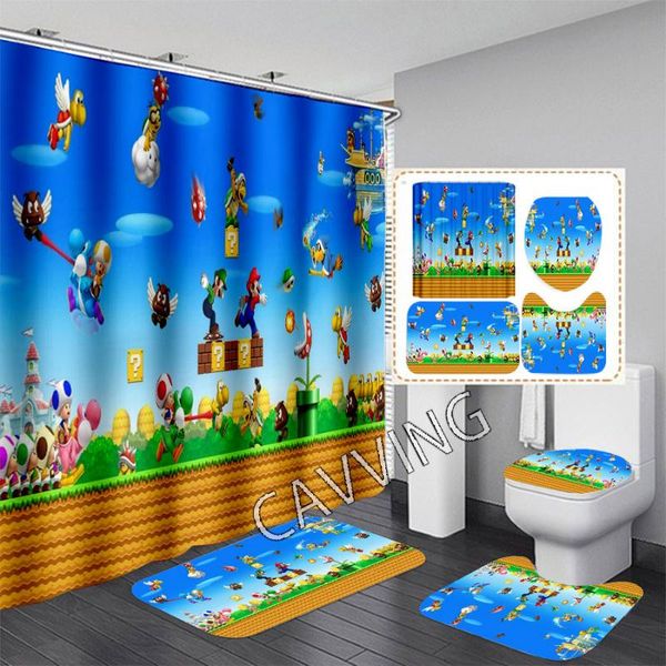 

shower curtains cartoon game super 3d print curtain waterproof bathroom anti-slip bath mat set toilet rugs carpet k01