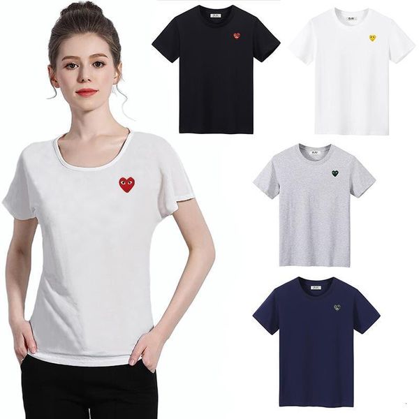 

have eyes summer women t-shirt embroidery cartoon single heart casual round neck short-sleeved t-shirt loose solid cotton shirt, White