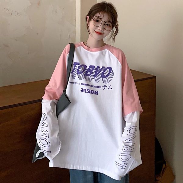 

women's t-shirt real po of autumn clothing korean style loose cartoon color matching length, White