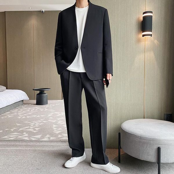 

men's suits & blazers collarless single button men korean harajuku streetwear fashion loose casual suit coat male jacket blazer, White;black