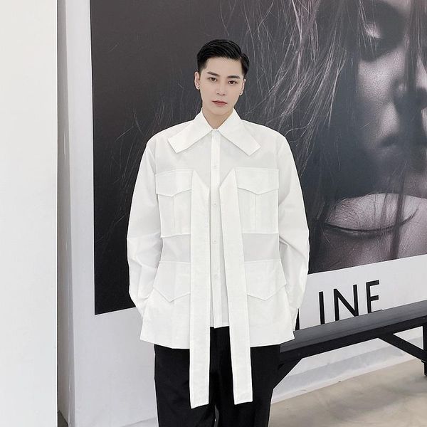 

men's casual shirts spring and autumn fashion trend personality stereotypical pocket design loose large size long sleeve shirt, White;black