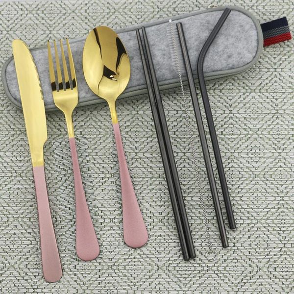 

dinnerware sets travel cutlery set gold flatware portable camping dinner stainless steel tableware with metal straw brush chopsticks case