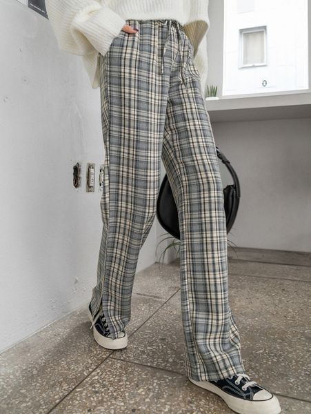 

dazy plaid print slant pocket pants 261k#, Black;white