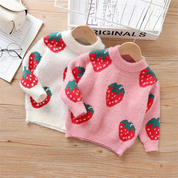 Ragazze fragola maglione coreano visone velluto ragazza pullover top vestiti Bambini Primavera Autunno Inverno Wear 210615