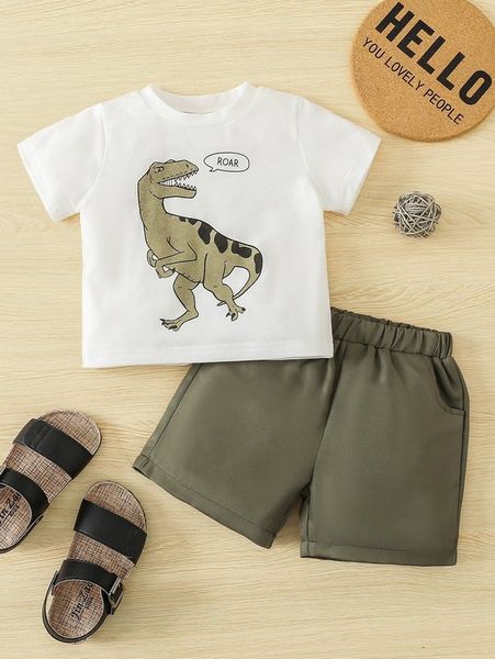 

baby letter & dinosaur print tee & slant pockets shorts she, White