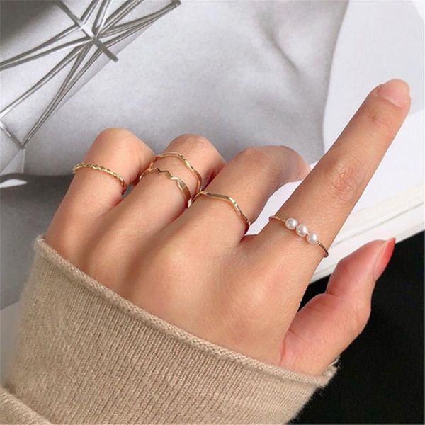 

cluster rings 5 pcs fashion set for women jewelry gold round pearl simplicity minimalist style personality geometric ring wedding party, Golden;silver