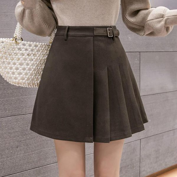 

2021 new autumn high waist woolen skirt women winter pleated skirts with belt a-line short mini skirt female saias femme y86, Black