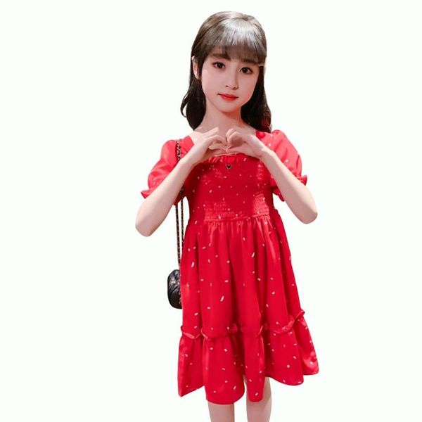 

girl's dresses summer dress girl floral print for square collar kids butterfly sleeve costumes girls, Red;yellow