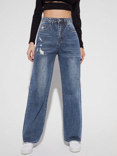 

high waist ripped straight leg jeans 45c7#, Blue