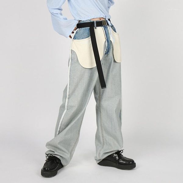 

women's jeans women high waist colorblock straight leg floor length pants, Blue