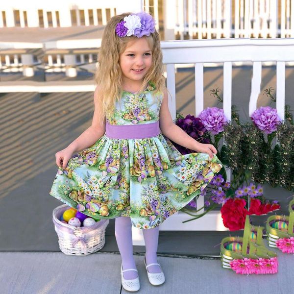 

fashion easter dress toddler baby girls sleeveless easter cartoon printed princess dress summer kid girls clothes, White