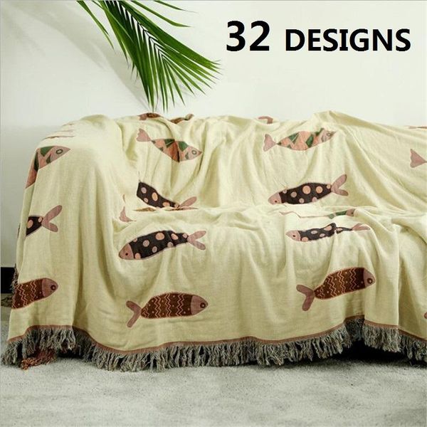 Coprisedie In cotone Multifunzione double-face Jacquard Divano Asciugamano Coperta lavorata a maglia con nappa Coperte decorative per la casa Copriletto