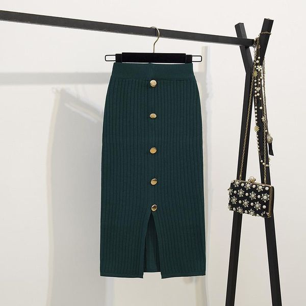 

skirts women autumn winter warm split knitted lady office wear a-line skirt solid color high waist single breasted, Black