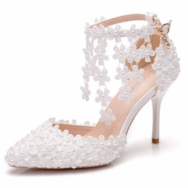 

dress shoes summer fashion wedding sandals white lace flowers fringe buckle strap thin heels cover heel pointed toe solid, Black