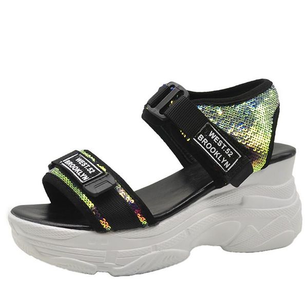 

platform sandals women wedge high heels shoes women sequined hook & loop summer zapatos mujer slippers woman sandal, Black