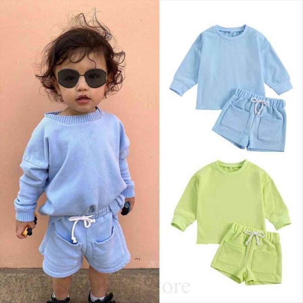 

1 6y autumn baby boys girls clothes sets solid causal long sleeve pullover sweatshirt pocket shorts 2 colors, White