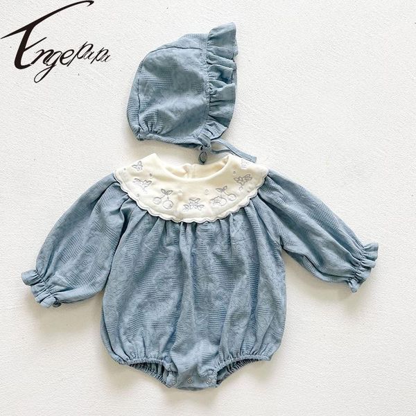 

rompers engepapa embroidered flower born baby girl princess romper+ruffle hat 2pcs jumpsuit solid cotton infant clothes outfit1, Blue