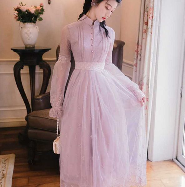 

spring elegant women vestidos long sleeve stand collar lilac lace mesh dresses 210531, Black;gray