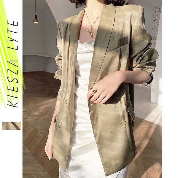 Moda Cetim Terno Jacket Mulheres Primavera Outono Minimalismo Minimalismo Sólido Jaquetas Fino Tops Blazer Senhora Senhora Outwear 210608