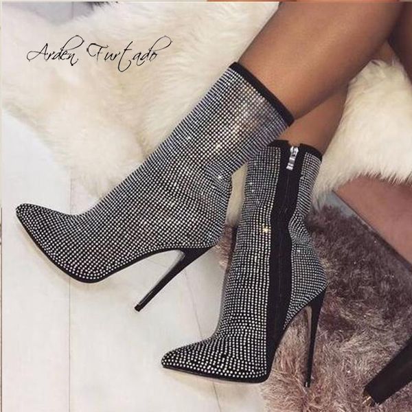 

boots arden furtado fashion women's shoes winter pointed toe concise stilettos heels zipper elegant ladies short, Black