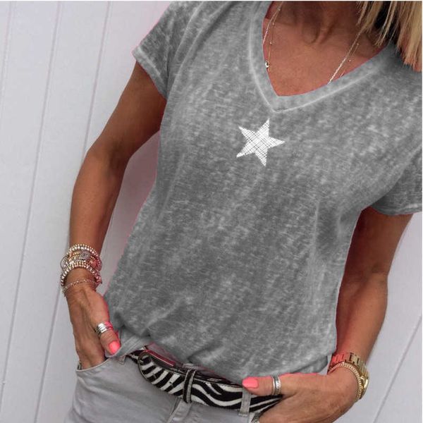 

summer t shirt women casual v-neck t-shirts female short sleeve for girls grey solid femme tee shirt femme 210621, White