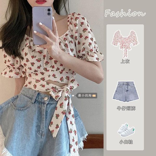 

women's t-shirt french retro floral square neck short sleeve for summer niche design[delivery within 15 days ], White