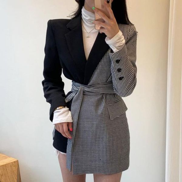 

women's suits & blazers 2021autumn winter vintage full sleeve plaid stitching irregular straps women blazer korea style loose trend coa, White;black