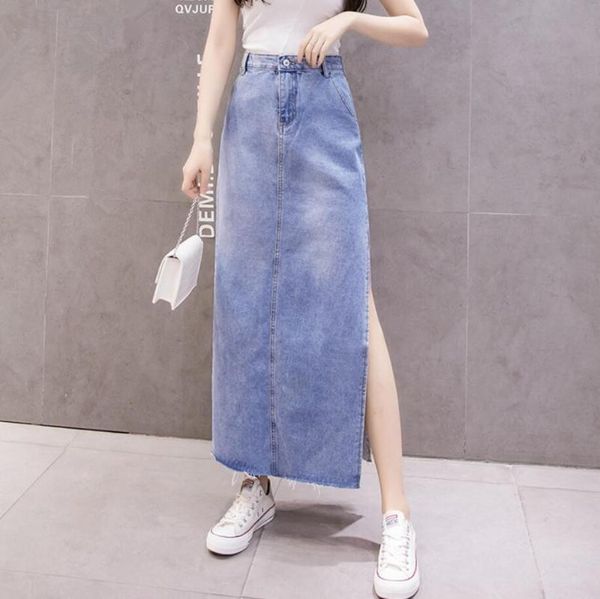 

skirts 2021 spring autumn korean fashion female high waist split denim with pockets women blue jeans long r2413, Black