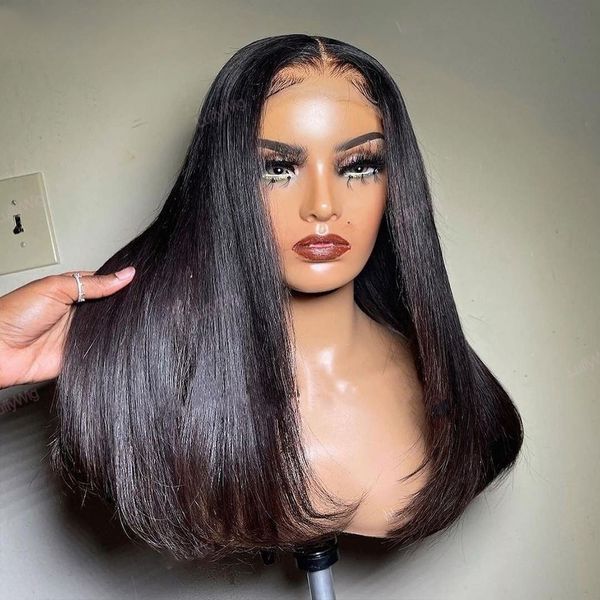 

180density glueless silky straight 4*4 sik base lace front wig for women jet black colored bundles with closure heat resistant fiber soft da, Black;brown