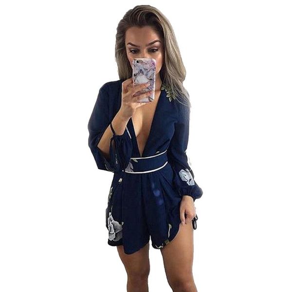 

summer playsuits women floral short jumpsuits boho chiffon long sleeve deep v-neck backless hollow out beach romper, Black;white