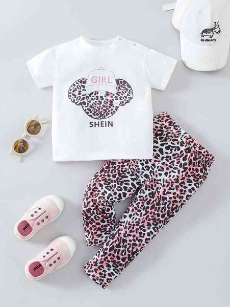 

baby leopard & letter graphic tee & pants she, Blue