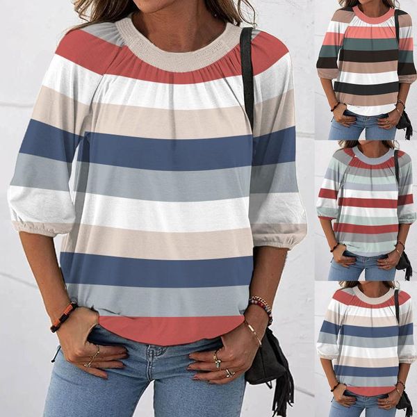 

women's blouses & shirts fashion striped pleated blouse autumn winter loose o-neck female women 3/4 sleeve shirt blusas femininas clot, White