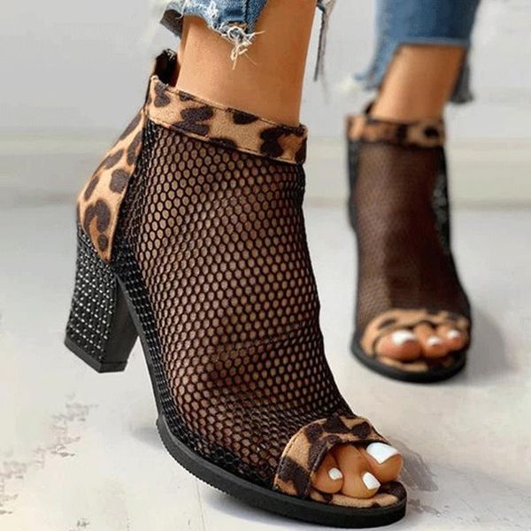 

sandals ladies' summer leopard print boots ladies fish mouth mesh black ankle strap hollow open toe thick heel for women