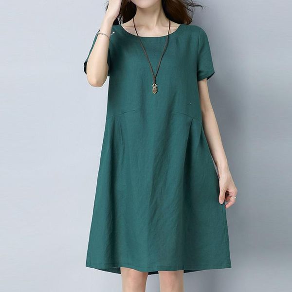 

casual dresses korean style women summer midi dress 2021 solid short sleeve o neck loose pockets vintage beach vestidos femme, Black;gray