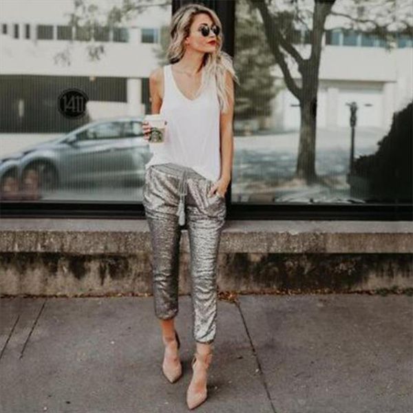 

golden fashion sequined slim womens pant long high waist pencil street tide style female skinny, Black;white