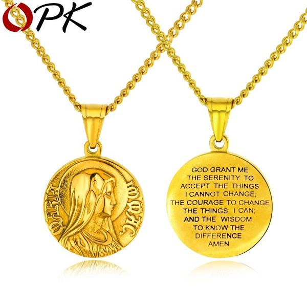 

pendant necklaces opk blessed virgin mary necklace for women steel/gold color english bible charm chain female catholicism jewelry gx1403, Silver