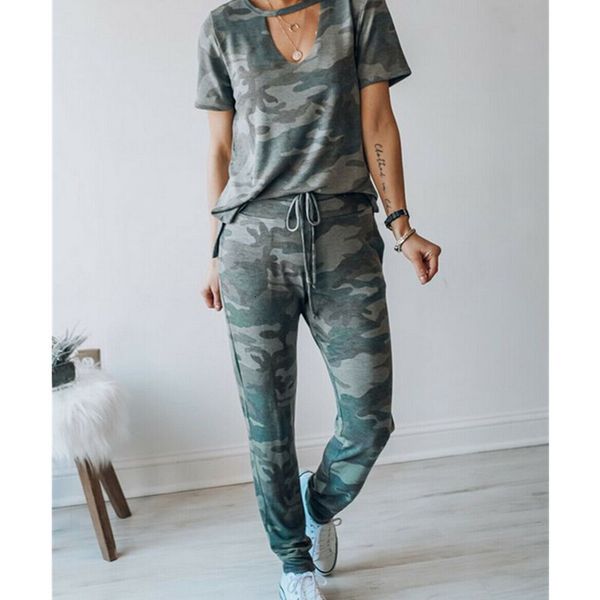 

2021 women casual training suit army green camouflage broek 2 stuks sets mode lace up pant v-neck slender teas sports wears, Gray