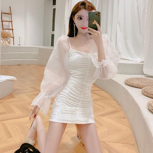 

casual dresses temperament white square collar mesh dress mini wrap hip full sleeve pleated party velvet vestido mujer slim patchwork, Black;gray