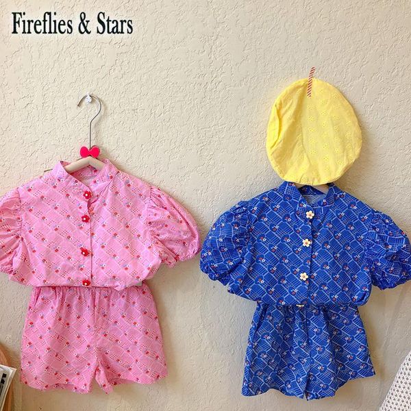 

clothing sets summer girls 2 pcs set baby blouse + shorts skirt kids suit children fashion clothes floral button puff sleeve to 9 yrs, White