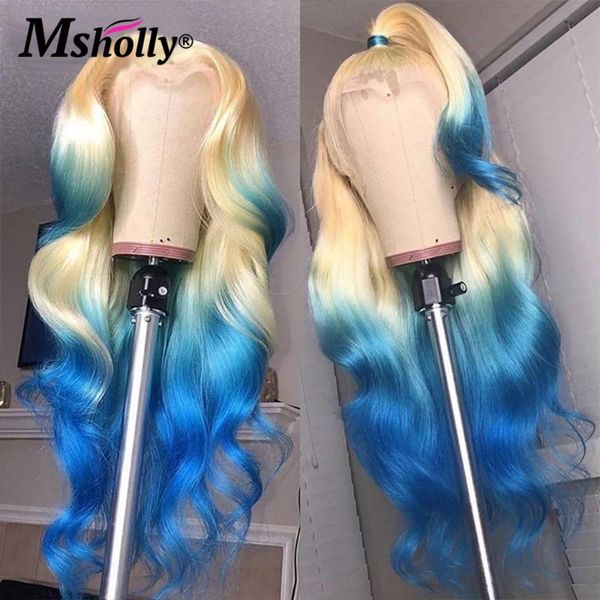 

lace wigs 180% ombre blue font body wave front wig 4x4 closure glueless brazilian remy human hair for women 26, Black;brown