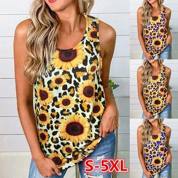 

2021 new round collar leopard sunflower open back t-shirt vest for women, White