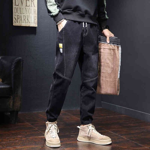 

2021 new winter plus velvet thickening trend fashion all-match loose harem overalls and jeans men plus size -5xl, Blue