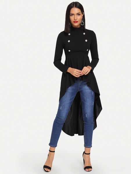 

mock neck double breasted dip hem peplum 95qp#, White