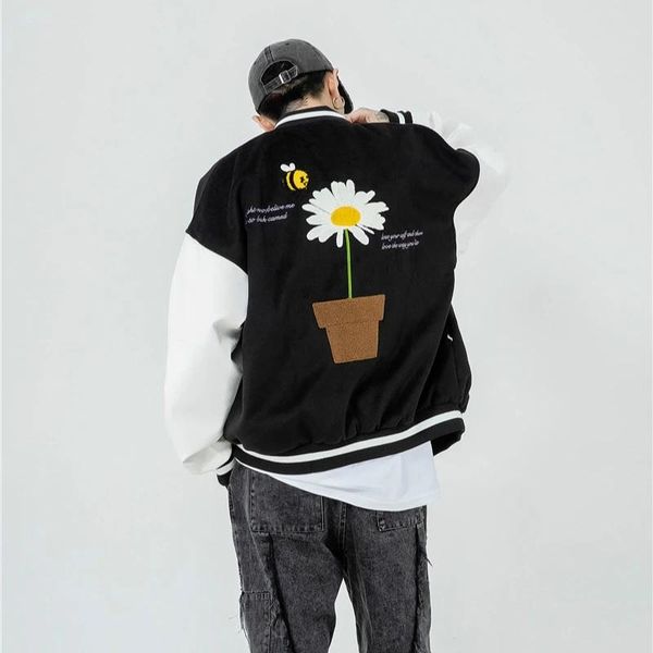

men's jackets baseball college jacket daisy embroidery streetwear hip hop men outerwear bomber harajuku japanese coat couple, Black;brown