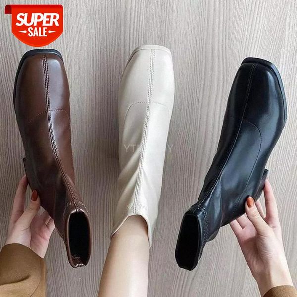 

women shoes fashion new square head retro ankle boots solid black leather warm plush slip-on botas mujer botas de mujer #og7u